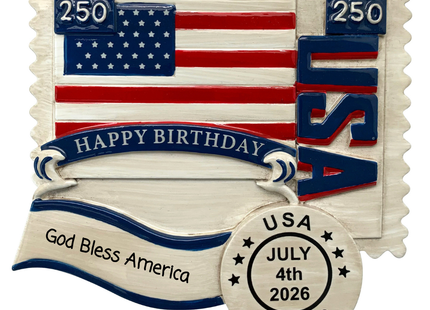 Personalized USA 250th birthday stamp ornament with American flag and custom date