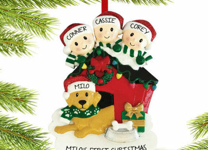 engraved personalized family of 3 with dog in doghouse christmas ornament – Christmas ornament, holiday tree decoration or gi