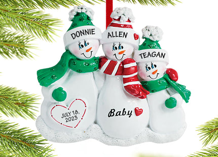engraved personalized pregnant snowman family of 3 christmas ornament – Christmas ornament, holiday tree decoration or gift