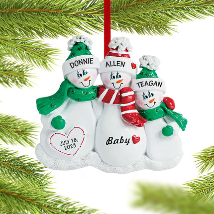engraved personalized pregnant snowman family of 3 christmas ornament – Christmas ornament, holiday tree decoration or gift