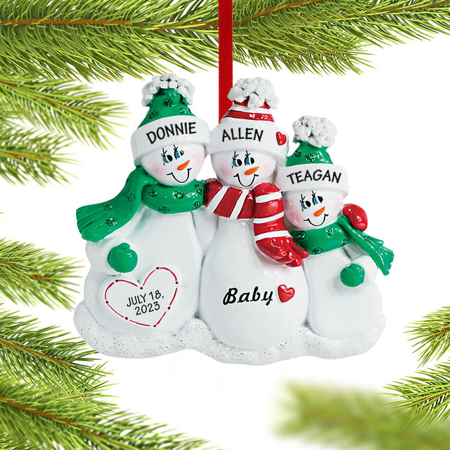engraved personalized pregnant snowman family of 3 christmas ornament – Christmas ornament, holiday tree decoration or gift