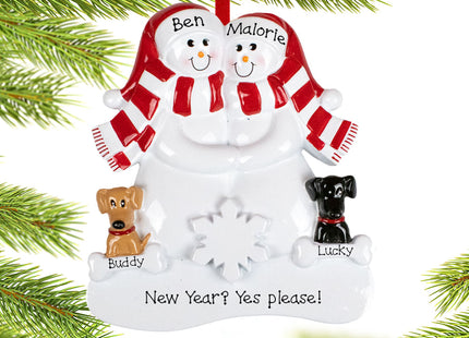 custom personalized snowman couple with 1 brown and 1 black dog christmas ornament – Christmas ornament, holiday tree decorat