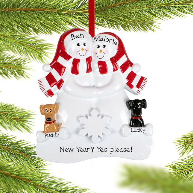 custom personalized snowman couple with 1 brown and 1 black dog christmas ornament – Christmas ornament, holiday tree decorat
