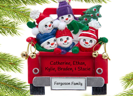 decorative personalized snowman family of 5 on truck christmas ornament – Christmas ornament, holiday tree decoration or gift