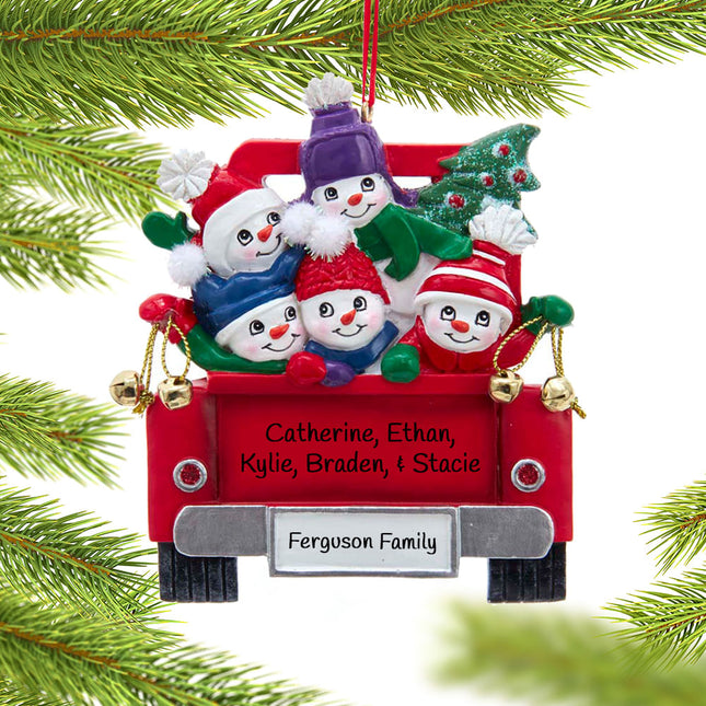 decorative personalized snowman family of 5 on truck christmas ornament – Christmas ornament, holiday tree decoration or gift