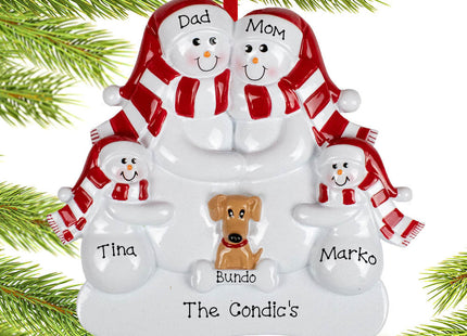 decorative personalized snowman family of 5 with 1 brown dog christmas ornament design sku – Christmas ornament, holiday tree