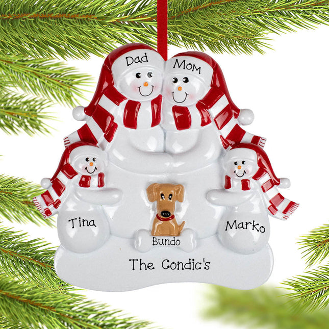decorative personalized snowman family of 5 with 1 brown dog christmas ornament design sku – Christmas ornament, holiday tree
