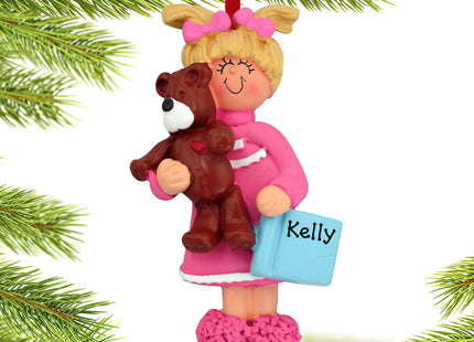 holiday personalized toddler girl with teddy bear and book christmas ornament – Christmas ornament, holiday tree decoration o