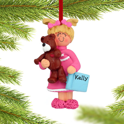 holiday personalized toddler girl with teddy bear and book christmas ornament – Christmas ornament, holiday tree decoration o