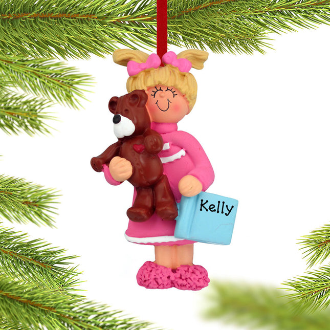 holiday personalized toddler girl with teddy bear and book christmas ornament – Christmas ornament, holiday tree decoration o