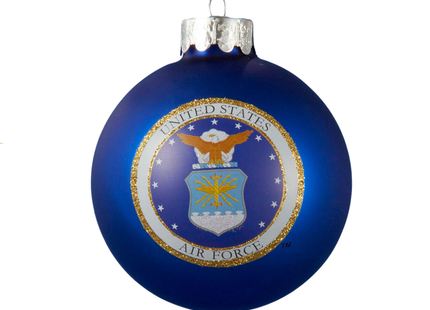 United States Air Force blue glass ball ornament featuring the official Air Force seal