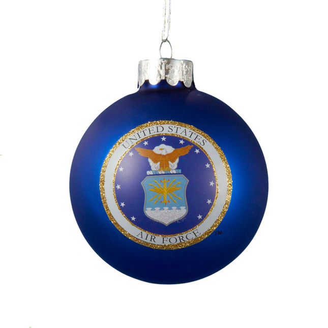 United States Air Force blue glass ball ornament featuring the official Air Force seal