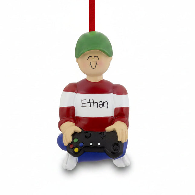 Personalized Video Game Boy Christmas ornament with custom name, year, and game controller