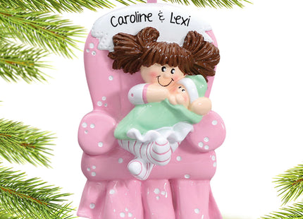 engraved personalized big sister with baby in pink armchair christmas ornament – Christmas ornament, holiday tree decoration 