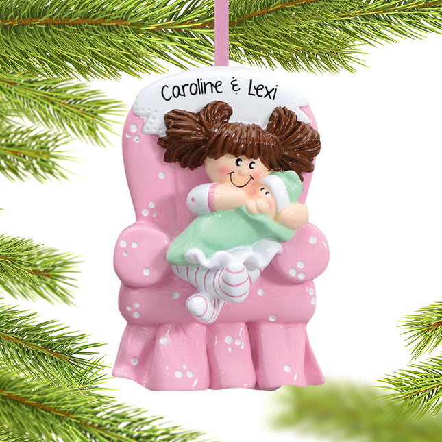 Big Sister with Baby in Pink Armchair Christmas Ornament