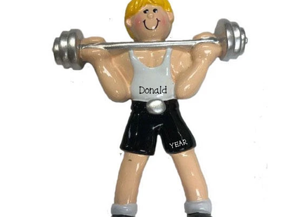 Personalized male weightlifter Christmas ornament featuring a blond bodybuilder lifting a silver barbell, wearing a gray tank top with custom name and black shorts with year.