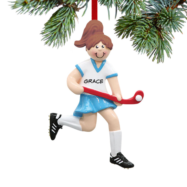 engraved personalized field hockey girl running on the field christmas ornament – Christmas ornament, holiday tree decoration