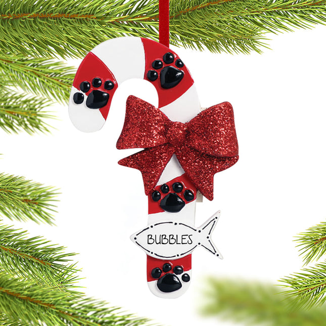 Cat Candy Cane with Fish Ornament