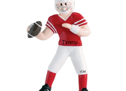 Personalized football player Christmas ornament wearing red jersey and white helmet holding football with Jimmy name and year