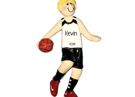 Personalized blond basketball player Christmas ornament with white jersey, black shorts, red shoes, basketball and Kevin name