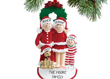 decorative personalized christmas eve family of 3 with dog christmas ornament – Christmas ornament, holiday tree decoration o