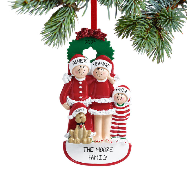Christmas Eve Family with Dog Personalized Ornament - 3, 4, 5, 6 Family Members