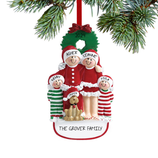 Christmas Eve Family with Dog Personalized Ornament - 3, 4, 5, 6 Family Members