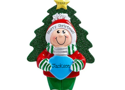 Personalized kids Christmas ornament featuring a child in festive winter clothing, glittery Christmas tree, blue name plaque and yellow star