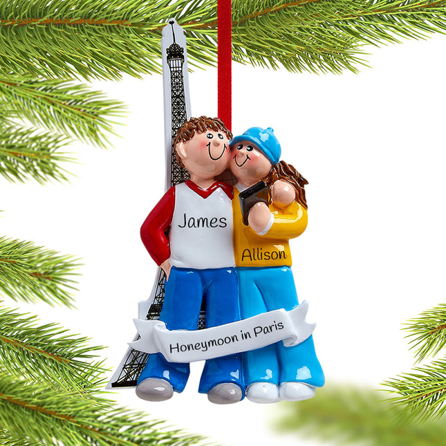 custom personalized couple visiting eiffel tower christmas ornament – Christmas ornament, holiday tree decoration or gift