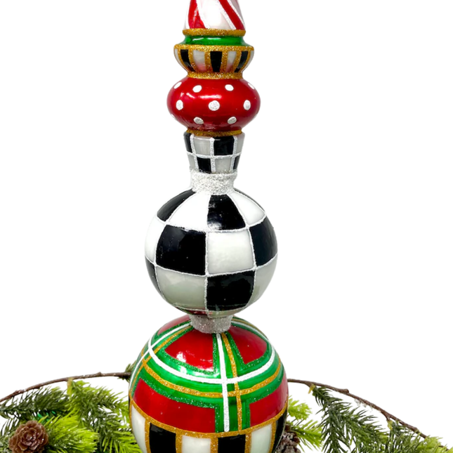 Red Tartan Glass Finial Tree Topper