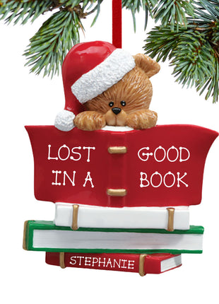 Book Club Bear Wearing A Santa Hat Ornament  by RUDOLPH AND ME Ornament