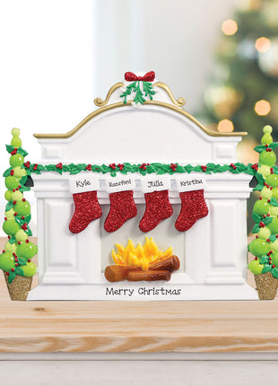Mantel with 4 Stockings Tabletop Ornament  by RUDOLPH AND ME Ornament