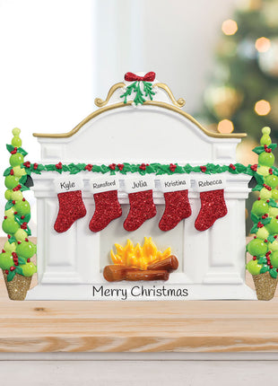 Mantel with 5 Stockings Tabletop Ornament  by RUDOLPH AND ME Ornament