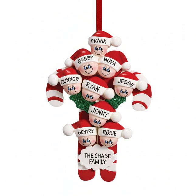 personalized candy cane family ornament with 9 names, custom message and year, festive family around candy cane