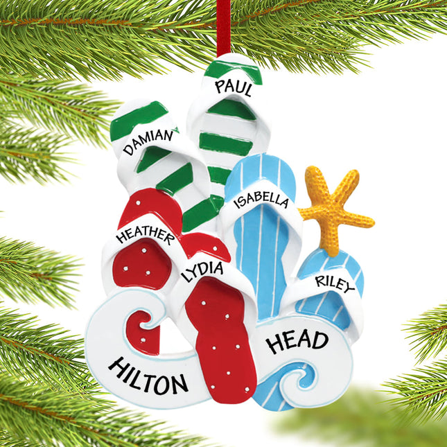engraved personalized flip flops family of 6 christmas ornament – Christmas ornament, holiday tree decoration or gift