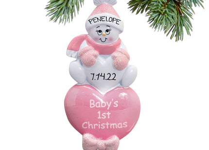 personalized personalized baby girl's first christmas pink snowman christmas ornament – Christmas ornament, holiday tree deco