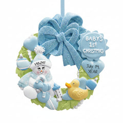 personalized baby boy first christmas wreath ornament with name and birth date, blue bow and baby keepsake design