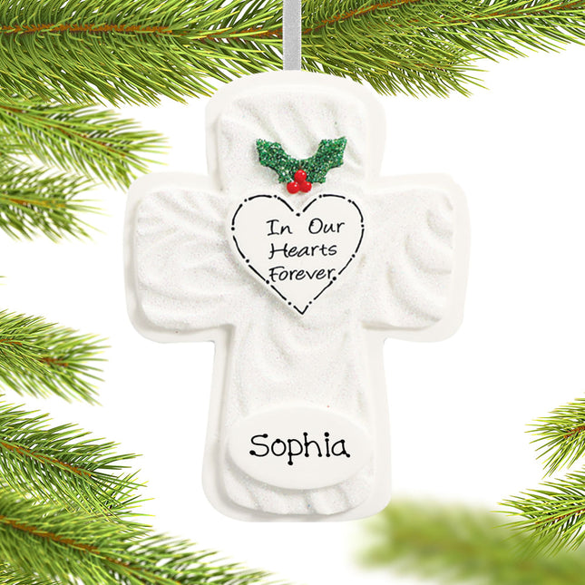 custom personalized in our hearts forever cross christmas ornament – Christmas ornament, holiday tree decoration or gift