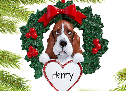 custom personalized basset hound dog with wreath christmas ornament – Christmas ornament, holiday tree decoration or gift