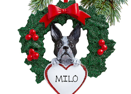 custom personalized boston terrier dog with wreath christmas ornament – Christmas ornament, holiday tree decoration or gift