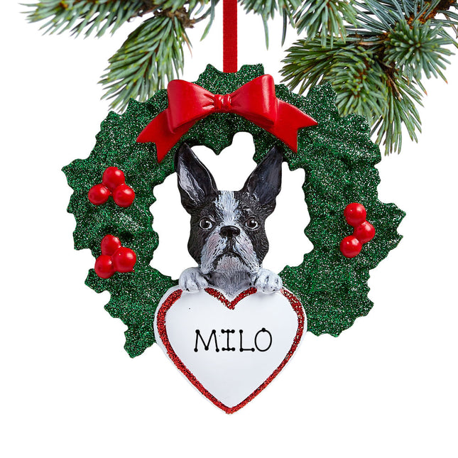 custom personalized boston terrier dog with wreath christmas ornament – Christmas ornament, holiday tree decoration or gift