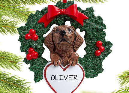 decorative personalized chocolate lab dog with wreath christmas ornament – Christmas ornament, holiday tree decoration or gif