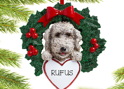 engraved personalized labradoodle dog with wreath christmas ornament – Christmas ornament, holiday tree decoration or gift