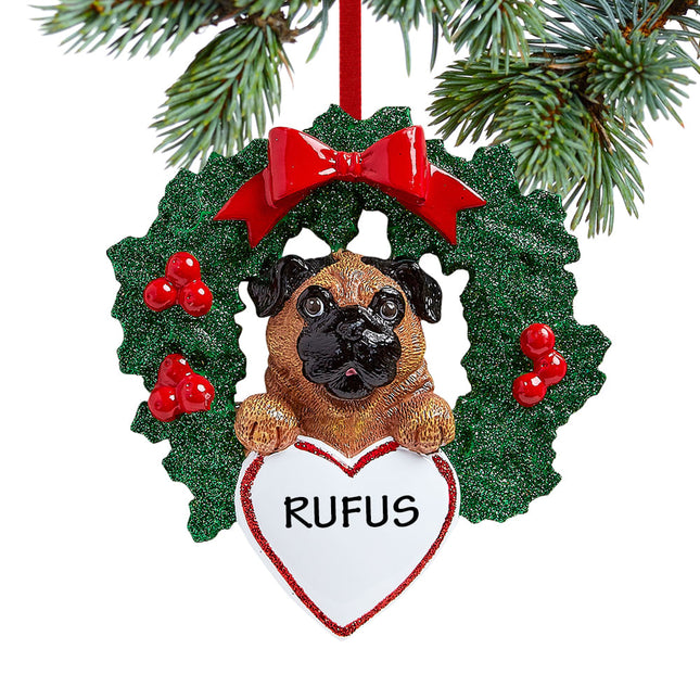 keepsake personalized pug dog with wreath christmas ornament – Christmas ornament, holiday tree decoration or gift