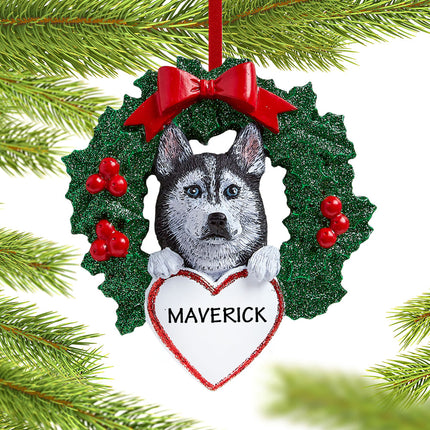 Siberian Husky Dog with Wreath Ornament