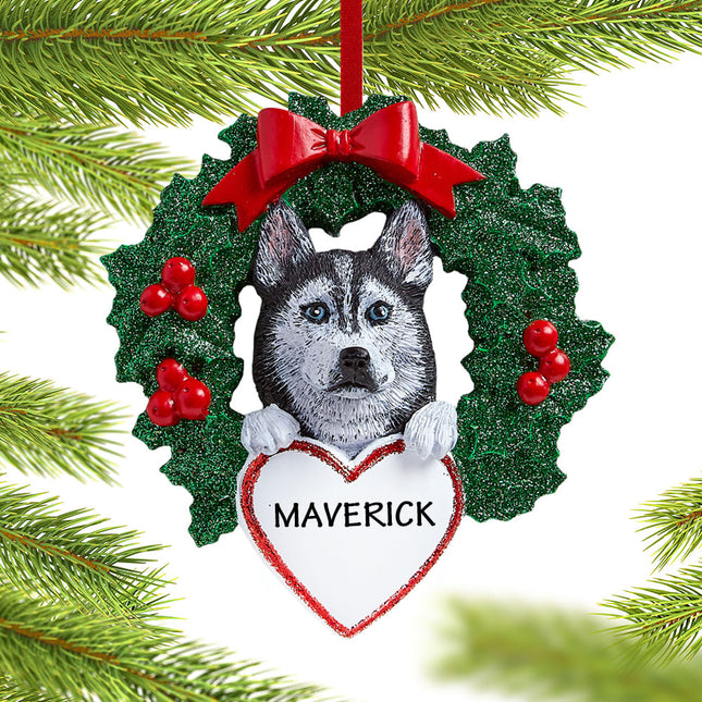 Siberian Husky Dog with Wreath Ornament