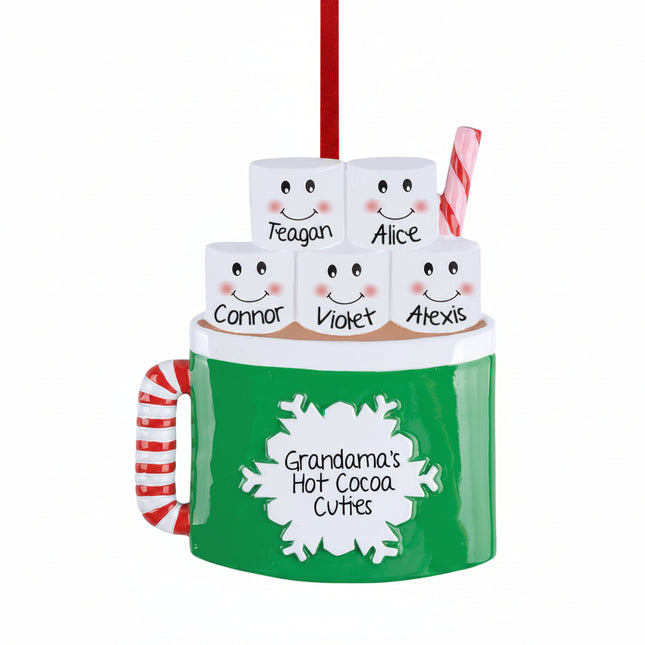 personalized marshmallow mug family ornament with 5 names, custom message and year, smiling marshmallows in hot cocoa mug