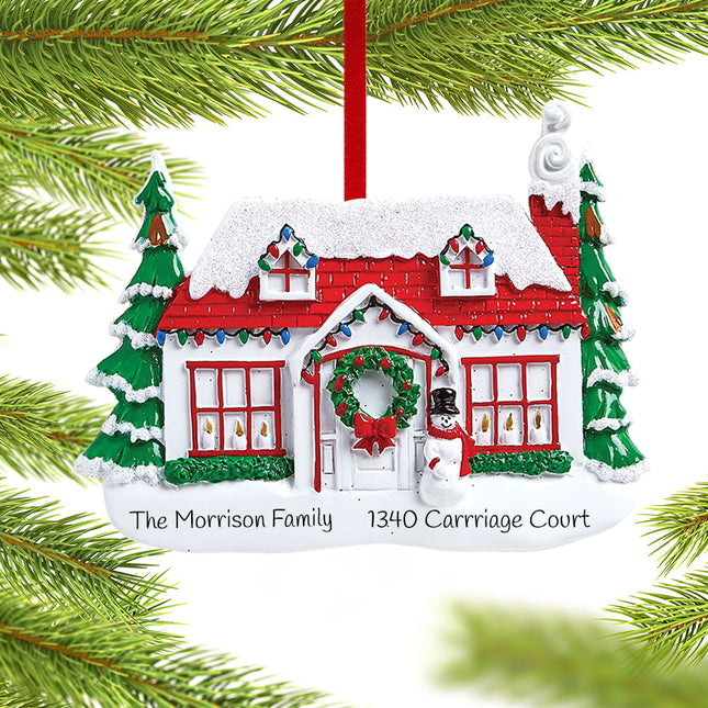 engraved personalized red roof house with snowman christmas ornament – Christmas ornament, holiday tree decoration or gift