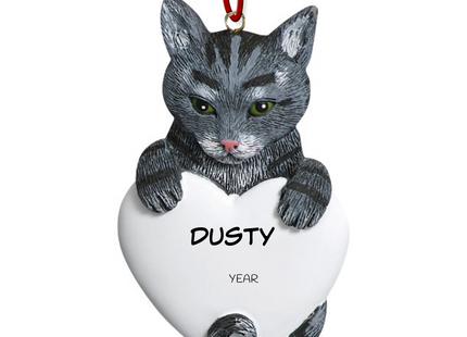 Personalized gray cat heart Christmas ornament with custom cat name and year featuring a gray cat peeking over a white heart.