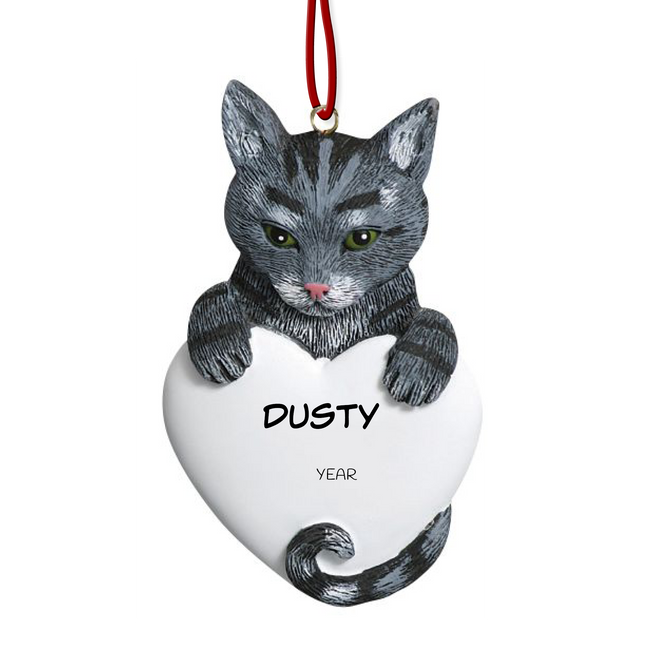 Personalized gray cat heart Christmas ornament with custom cat name and year featuring a gray cat peeking over a white heart.